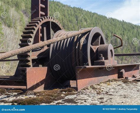 rusty industrial winch  rope  gear stock photo image  winch facility