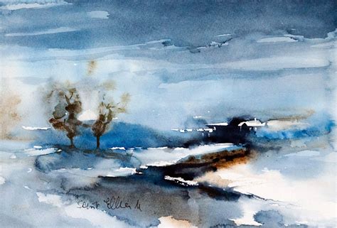 Aquarelle De Paysage Semi Abstrait Peinture Originale Minimaliste