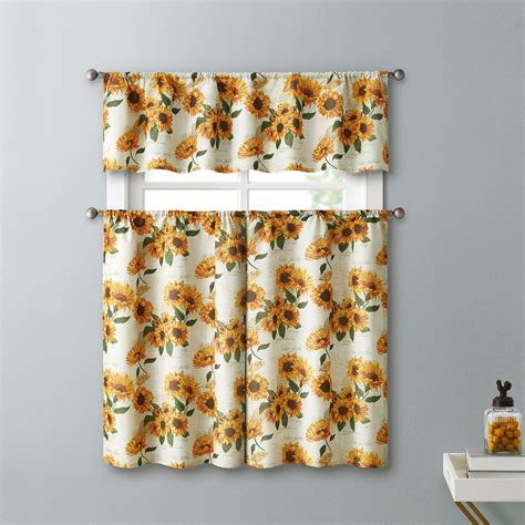 Sunflower Field 3-Piece Kitchen Curtain Set, Yellow, Tiers 28x36, Vala ...