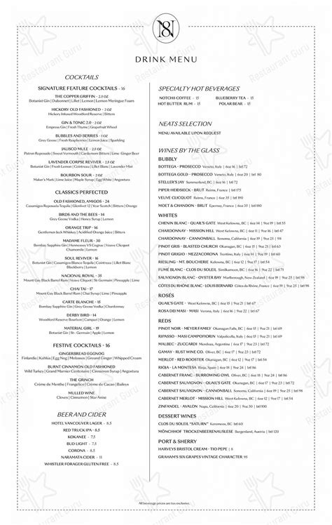 Menu at Fairmont Hotel Vancouver restaurant, Vancouver