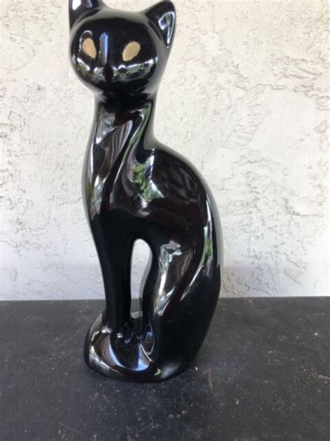 Vintage Ceramic Black Cat Statue 11” Tall Gold Eyes Home Decor Fantasy