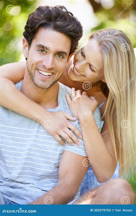 Couple Hug And Happy In Park With Smile Love And Commitment In