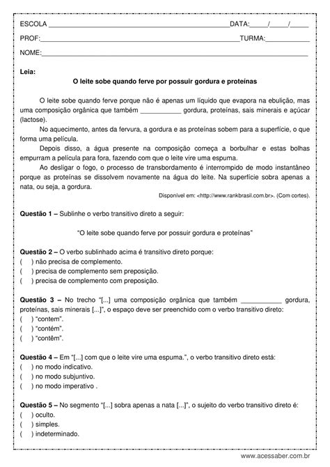 Verbo Transitivo Direto E Indireto Exercicios 7 Ano Com Gabarito