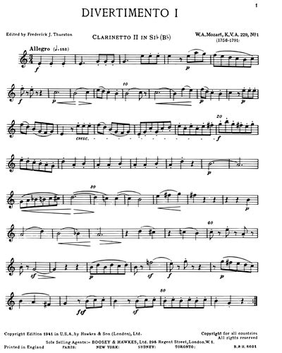 Divertimento No In B Flat Major K Clarinet In Bb Sheet Music