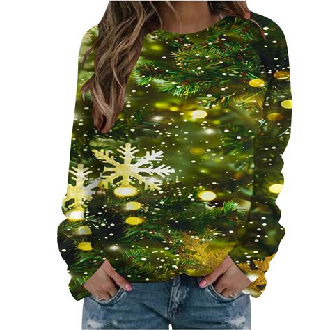 Bcresic Christmas Tree Sweatshirts For Women 3D Graphic Bright Merry