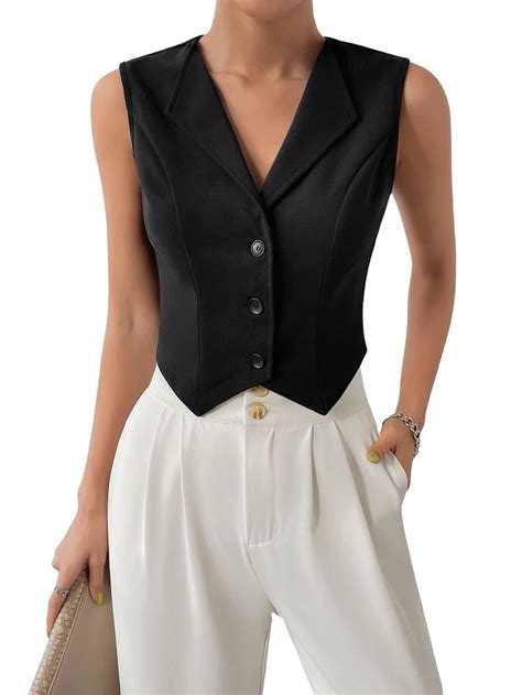 Verdusa Women S Button Front Lapel Collar Sleeveless Crop Vest