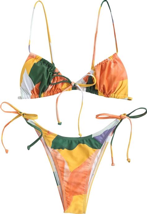 Zaful Bowknot Colorblock Tie Side String Bikini Swimwear High Cut Thong