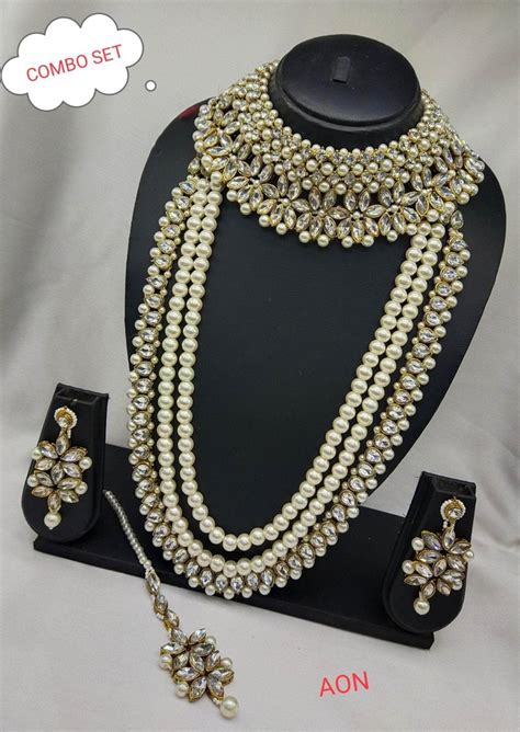 Zevar I Pearl Kundan Studded Multilayered Necklace Combo Set At Rs