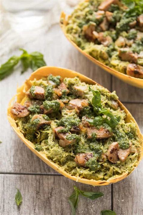 Spaghetti Squash With Pesto And Sausage Paleo Whole30 Tastes Lovely