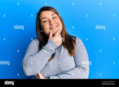 Beautiful Brunette Plus Size Woman Wearing Casual Clothes Looking