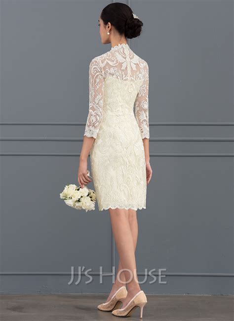 Sheath Column High Neck Knee Length Lace Wedding Dress 002127281 Jj