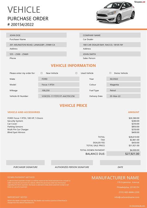 Vehicle Purchase Order Template