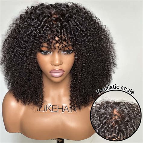 Natural Afro Kinky Curly With Bangs 5x5 Lace Closure Wig