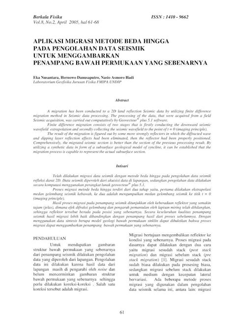 Pdf Aplikasi Migrasi Metode Beda Hingga Pada Pengolahan Data