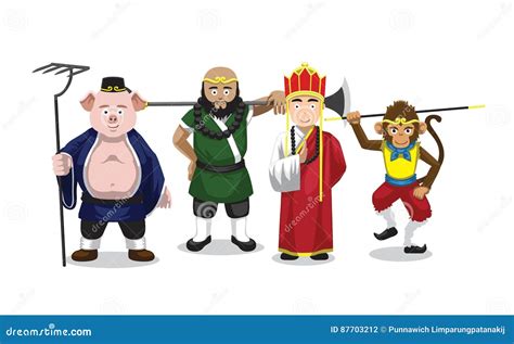 Journey To The West Characters With Line Art Color Style On Background