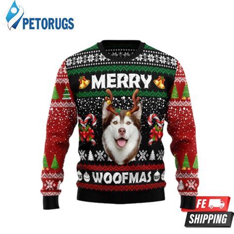 Merry Woofmas Husky Ugly Christmas Sweaters Peto Rugs