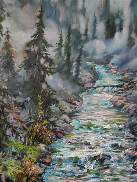 Foggy Forest Painting Original Oil Artwork Spruce Forest | Etsy