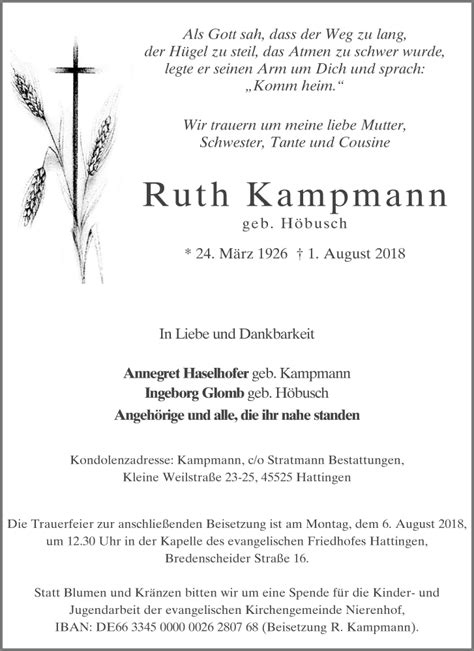 Traueranzeigen Von Ruth Kampmann Trauer In Nrw De