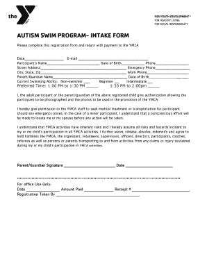 Fillable Online Pomonaymca Autism Swim Program Intake Form Pomona