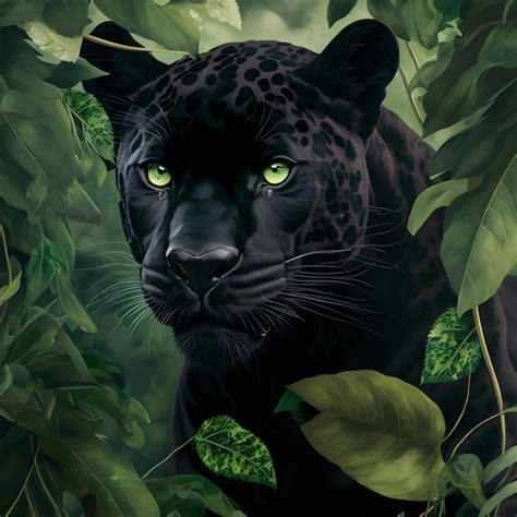 Premium Photo | A black jaguar with green eyes is in the jungle.