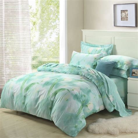 Watercolor Flower Print Mint Green Full Queen Size 100 Cotton Bedding