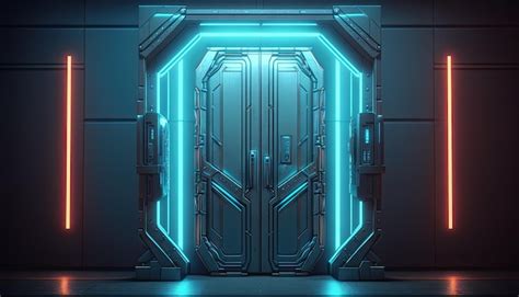 Premium Photo Science Fiction Futuristic Modern Gate Door With Neon Light