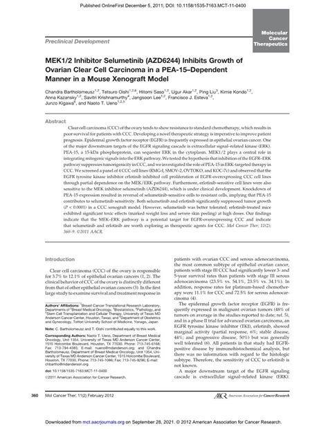 MEK1 2 Inhibitor Selumetinib AZD6244 Inhibits Growth Of Ovarian Clear