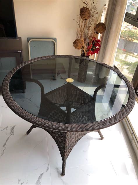 Rattan Round Table With Glass Top 110cm Furniture And Home Living Furniture Tables And Sets On