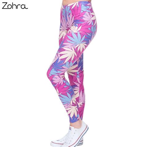 Zohra Fashion Sexy Leggings Women Weeds Print Pink Fitness Legging Silm