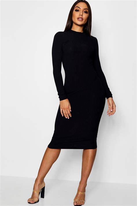 Boohoo Womens Flo Ribbed High Neck Long Sleeved Midi Dress Ebay