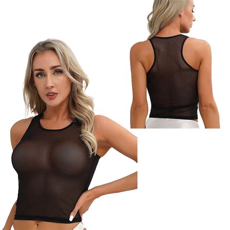 De Sexy Damen Sheer Mesh Kurz Oberteil Durchsichtig Crop Top Shirt