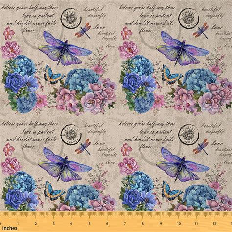 Purple Butterfly Fabric By The Yard Vintage Garden Dragonfly Floral