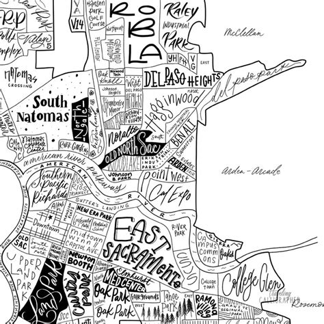 Sacramento Ca Neighborhood Map Print Hand Lettered Map Of Etsy