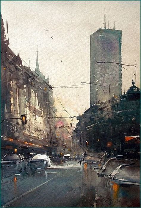 Dusan Djukaric Morning On Terazije Watercolor 36x55 Cm Watercolor