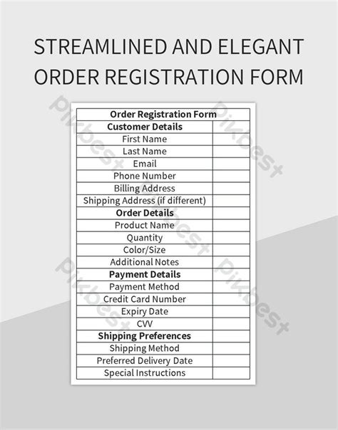 Streamlined And Elegant Order Registration Form Excel Template Free