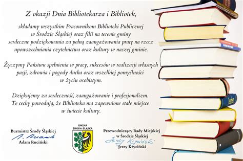 Życzenia z okazji Dnia Bibliotekarza i Bibliotek Środa Śląska