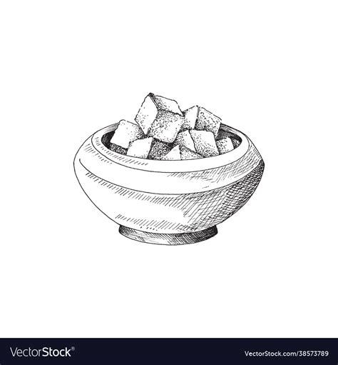 Hand Drawn Bowl Full Sugar Cubes Engraving Vector Image