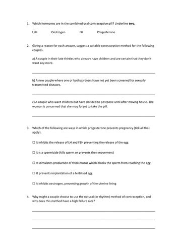 Contraception Slides And Worksheet Gcse Biology Aqa Teaching Resources