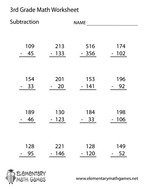 3rd Grade Math Subtraction Worksheets