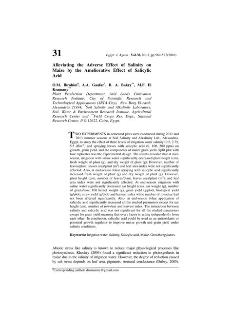 Pdf Alleviating The Adverse Effect Of Salinity On Maize By The Ameliorative Effect ‎of