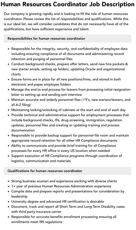 Human Resources Coordinator Job Description Velvet Jobs