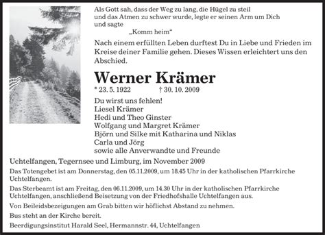 Traueranzeigen von Werner Krämer Saarbruecker Zeitung Trauer de