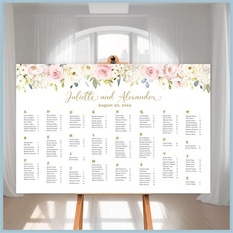 Wedding Seating Chart Sign Alphabetical Blush Pink Floral Printable Template Blush Pink And White