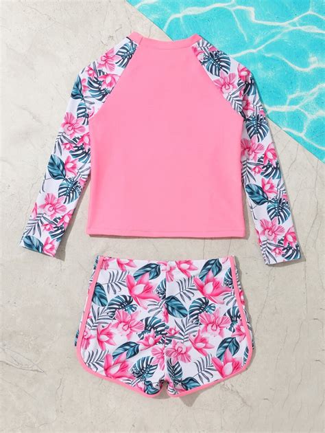 Traje De Ba O De Bikini Con Estampado Tropical De Cuello Alto Para Ni A Preadolescente Moda De