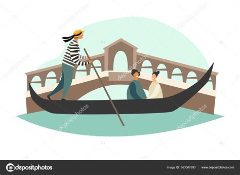 Venice Vector Illustration Gondola Canal Grande Gandolier Tourist Italy