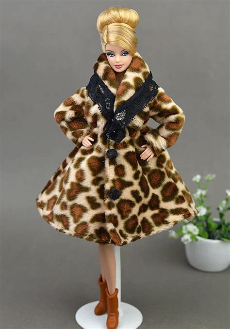 Fashion Leopard Winter Fur Coat For Barbie Dolls Clothes Long Dress