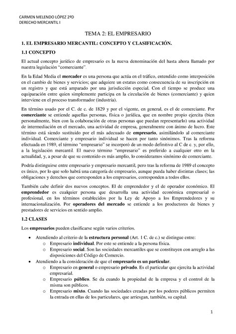 Tema Mercantil I Derecho Mercantil I Tema El Empresario El