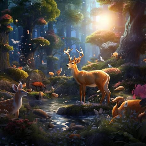 Premium Ai Image A Magical Forest With Magical Animals Wallpaper