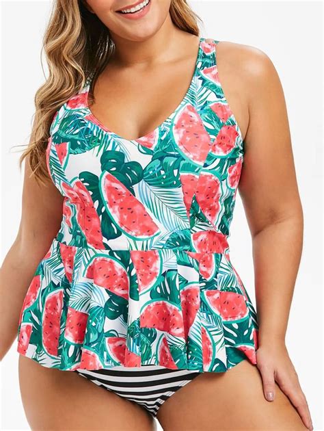 Plus Size Watermelon Palm Leaf Striped Peplum Tankini Swimsuit Plus