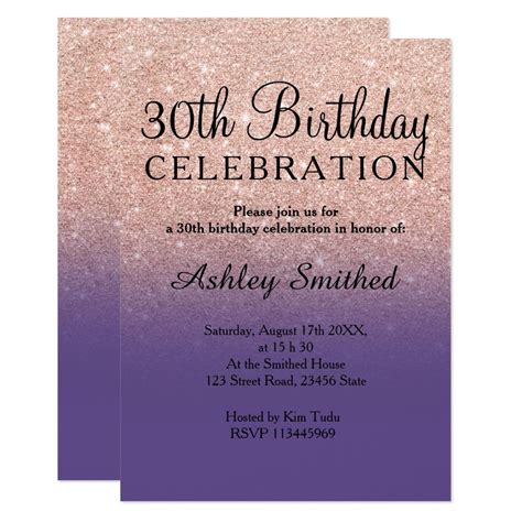 Rose Gold Faux Glitter Purple Ombre 30th Birthday Invitation Artofit